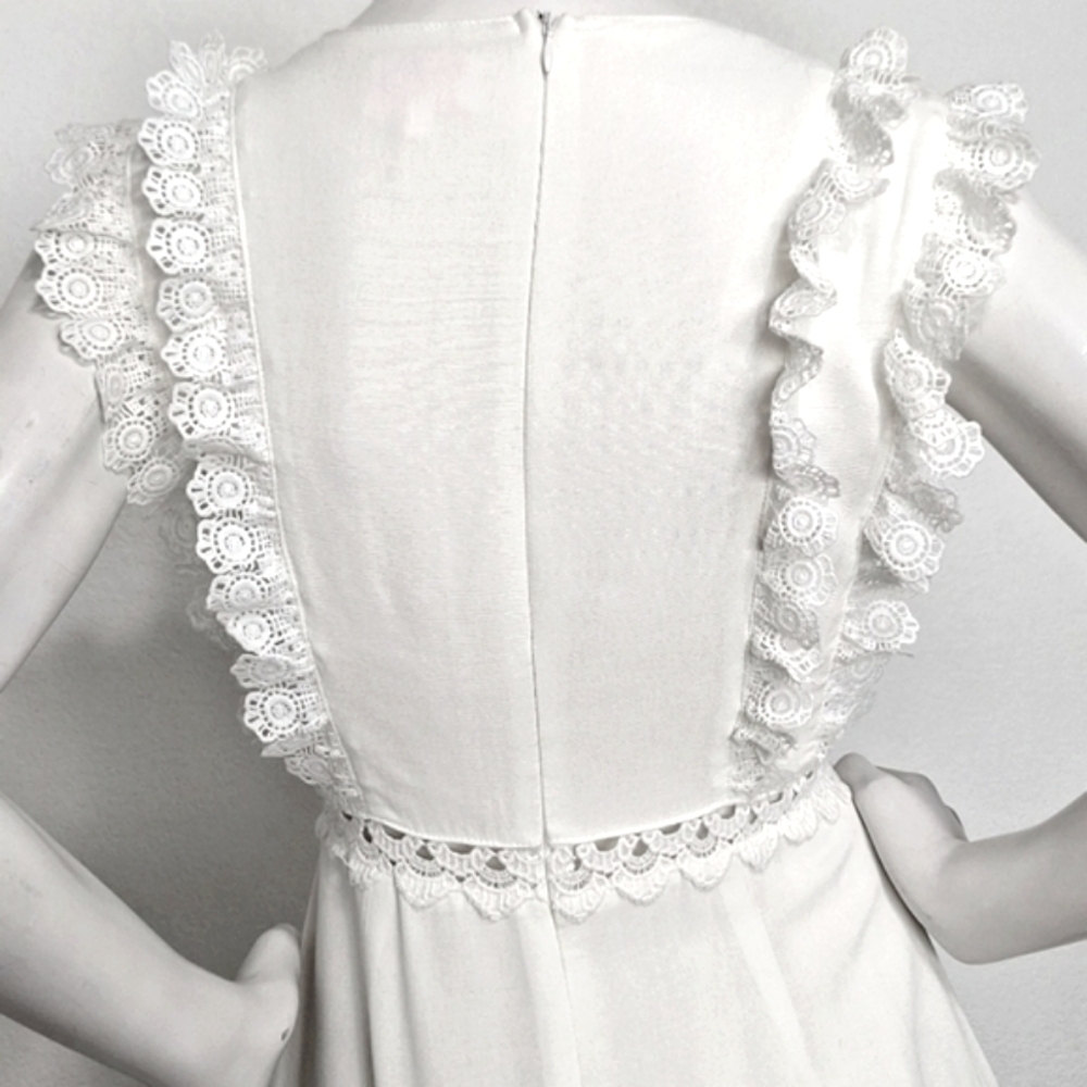 Entro White Ruffle Eyelet Coquette Romantic V-Neck Cottagecore Mini Dress Size L - Picture 10 of 16